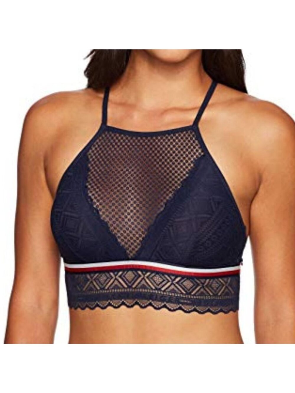 NWT Tommy Hilfiger Navy Blue Lace High Neck Bralette Size Large Sheer Mesh